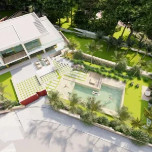 Vista aérea de la villa en Planet, Benidorm, con piscina y jardín