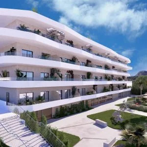 Infografía exterior de La Nucía Pines, con terrazas y zonas comunes