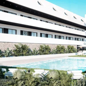 Infografía de My White Resort en Finestrat, con piscina y jardines comunitarios