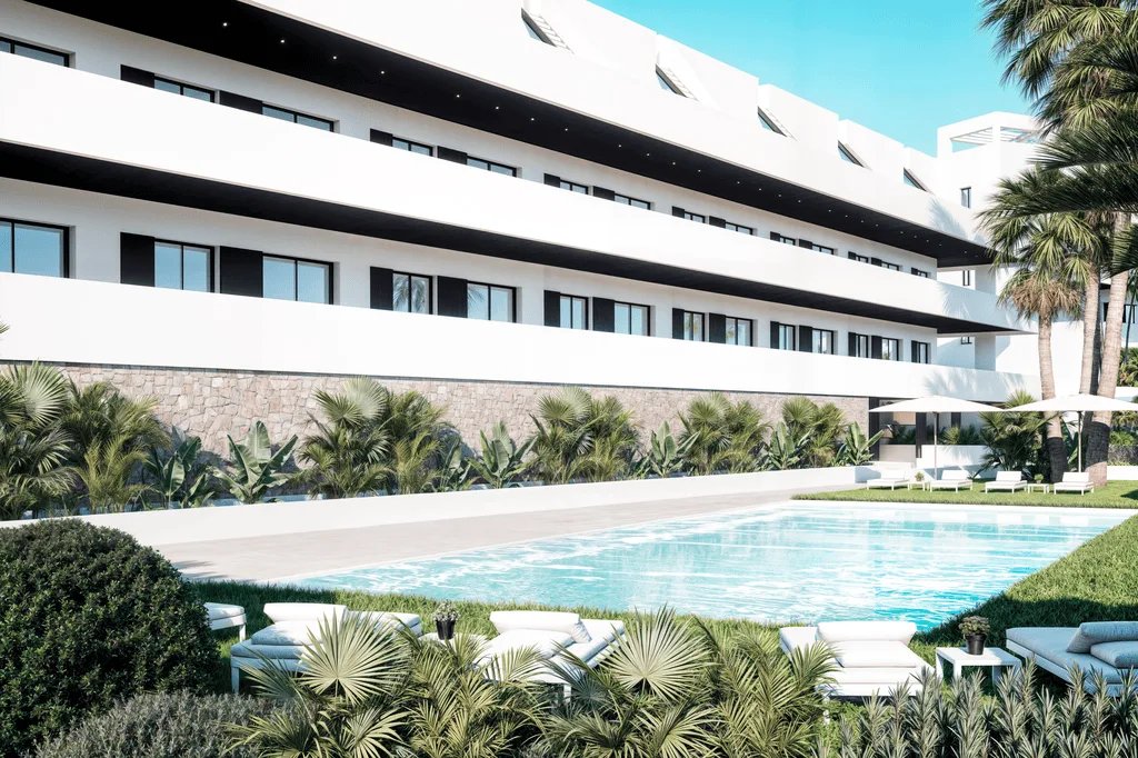 Infografía de My White Resort en Finestrat, con piscina y jardines comunitarios