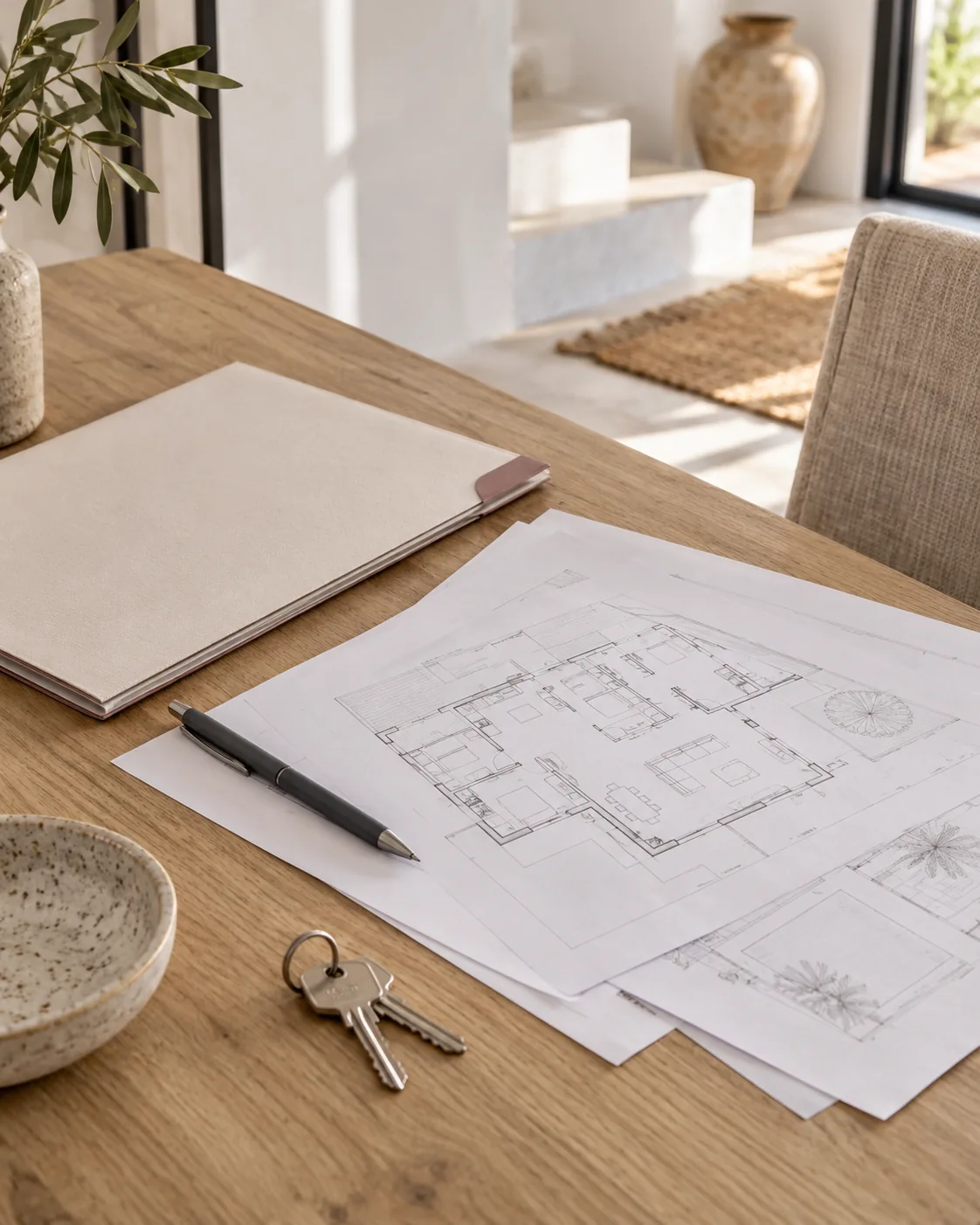 Planos de una vivienda, carpeta y llaves sobre una mesa. Escena ilustrativa.