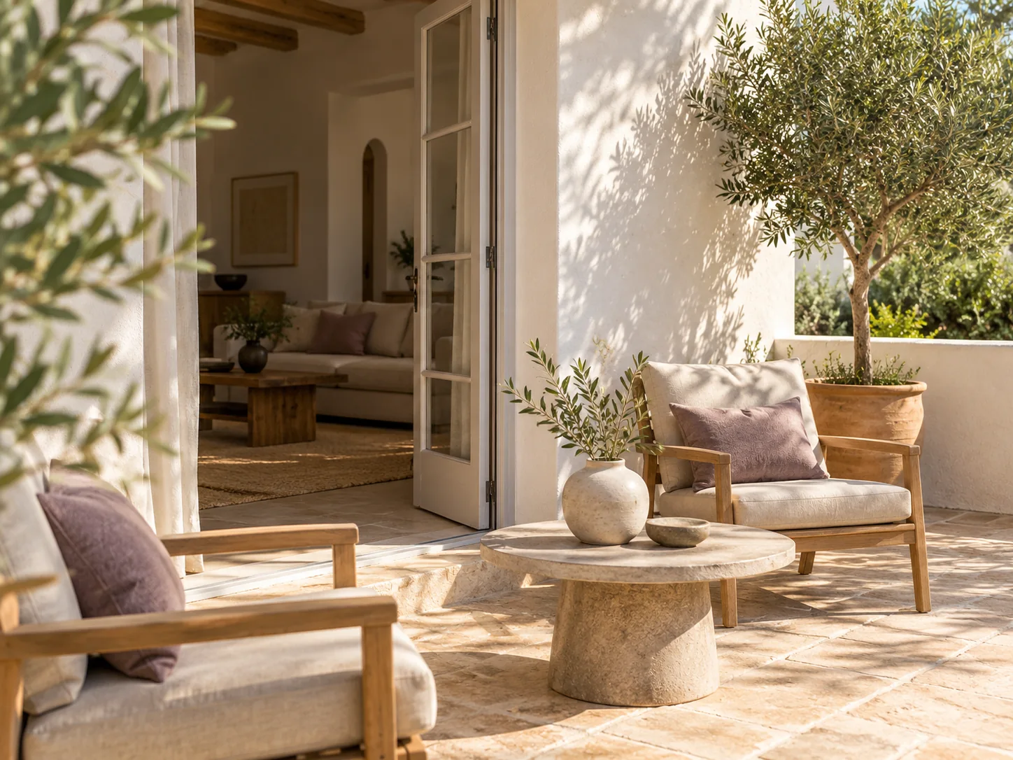 Terraza mediterránea con mobiliario de madera, cojines y un olivo. Escena ilustrativa de preparación de una vivienda.
